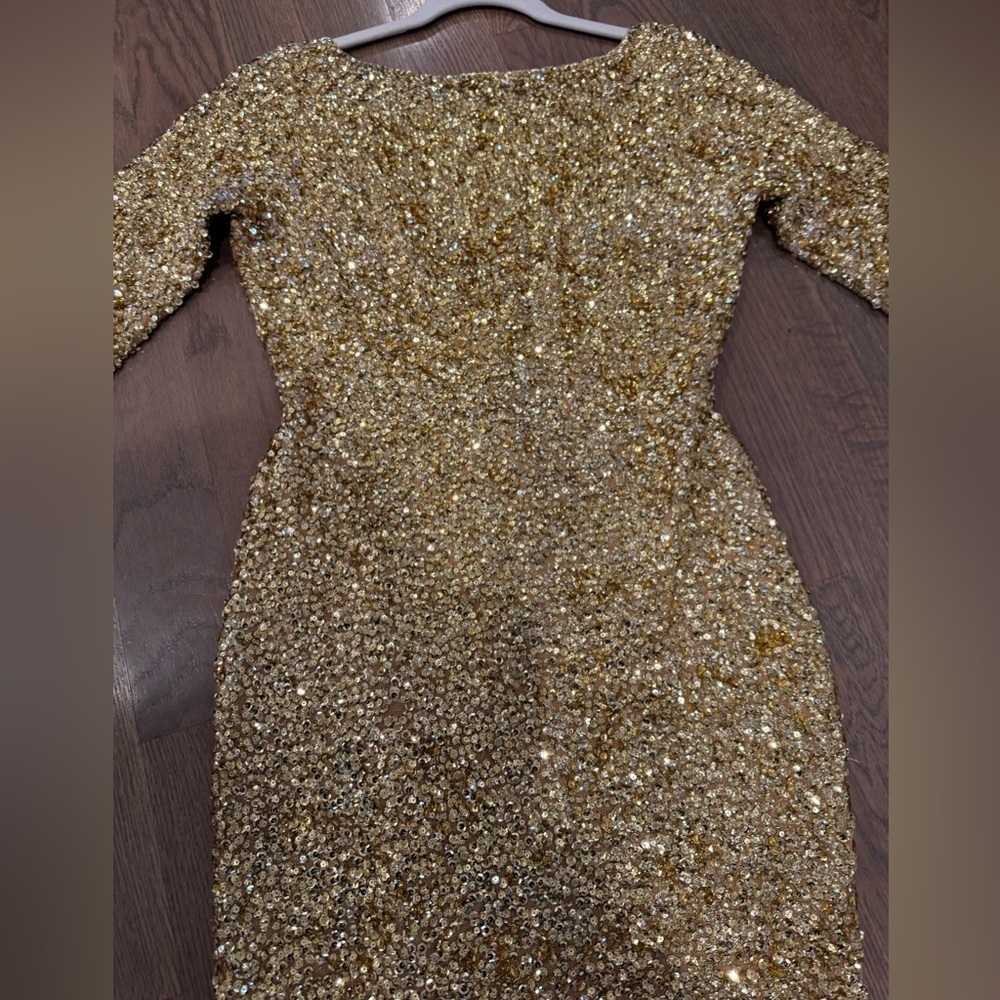 1960s Gene Shelly's Gold Sequin Keyhole Long Bell Sleeve Vintage Wool 60s Gown - Picture 15 of 17